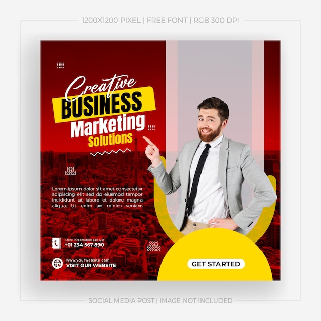 A poster for creative business marketing solutions with a man pointing at the camera.