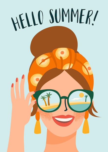 Vector poster of cute lady in glasses on tropical beach.