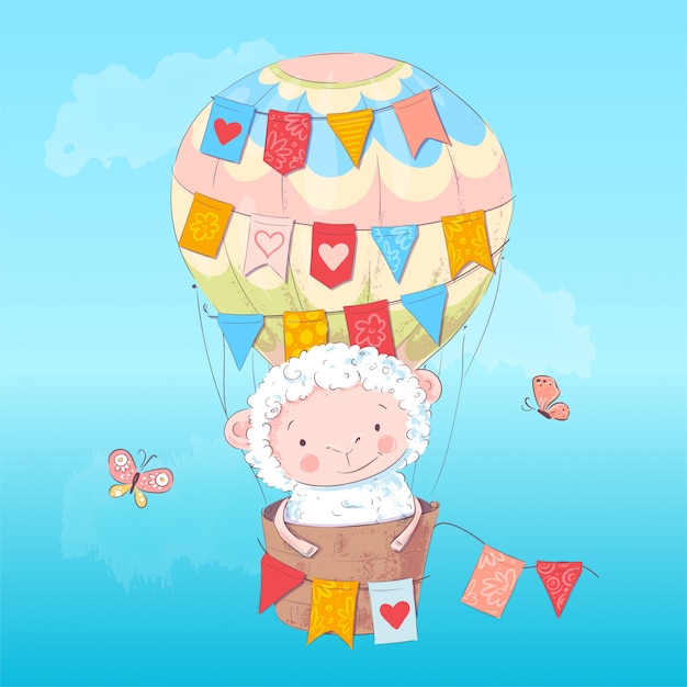 Poster cute lamb in a balloon. Hand drawing. Vector illustration of cartoon style