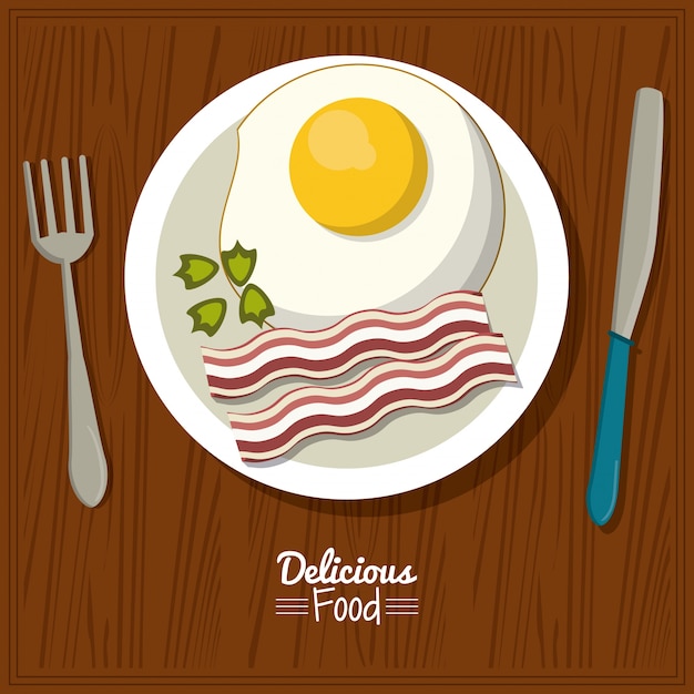 Vector poster cutlery with dish of fried egg with bacon