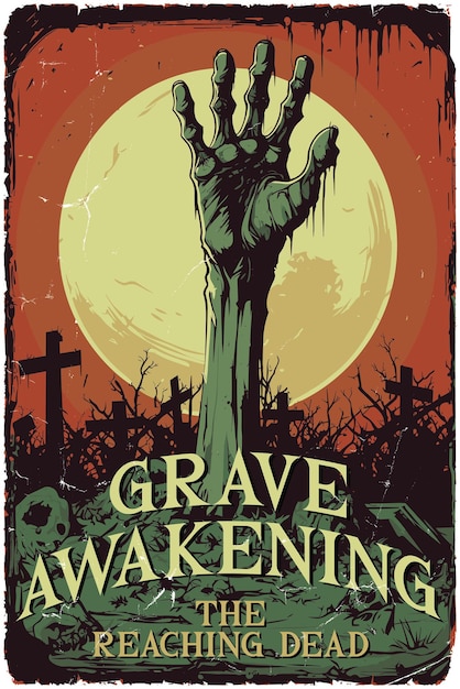 Vector poster design for a fictional 80s horror film called grave awakening the reaching dead