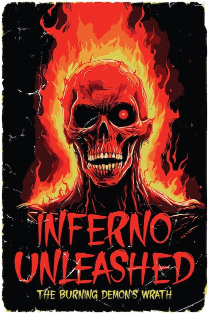 Vector poster design for a fictional 80s horror film called inferno unleashed the burning demon's wrath