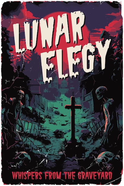 Vector poster design for a fictional 80s horror film called lunar elegy whispers from the graveyard