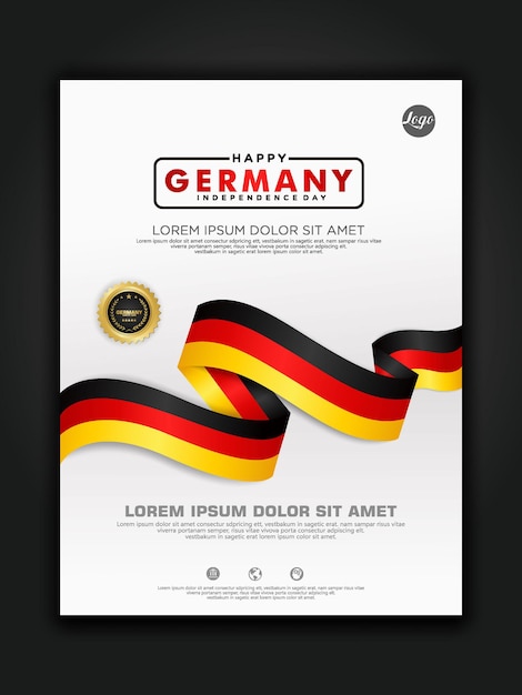 Design del poster modello di sfondo del giorno dell'unità della germania con un'elegante bandiera a forma di nastro