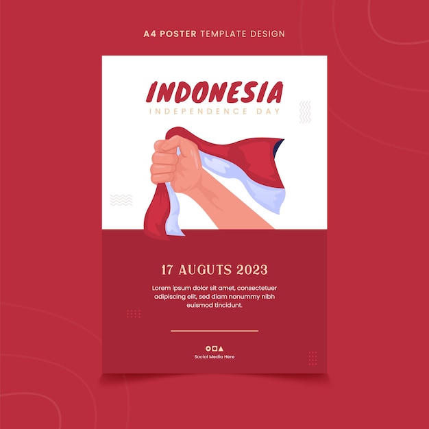 Poster design for independence day with illustration of a hand holding Indonesian flag