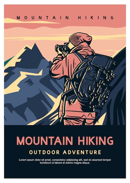 Poster design mountain hiking outdoor adventure with hiking man taking photo vintage illustration