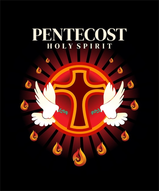 鳩と燃えるような赤い色の十字架でペンテコステの日の挨拶のポスター デザイン
