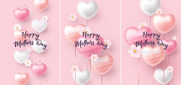 Poster design set Mothers day illustration with 3d pink love balloons Premium design for poster banner greeting and celebration