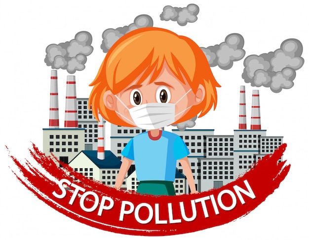 Vector poster design for stop pollution with girl wearing mask