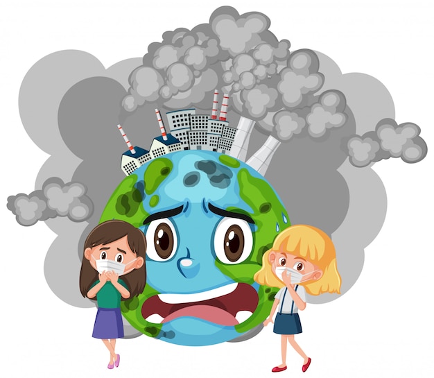 Vector poster design for stop pollution with girls wearing mask