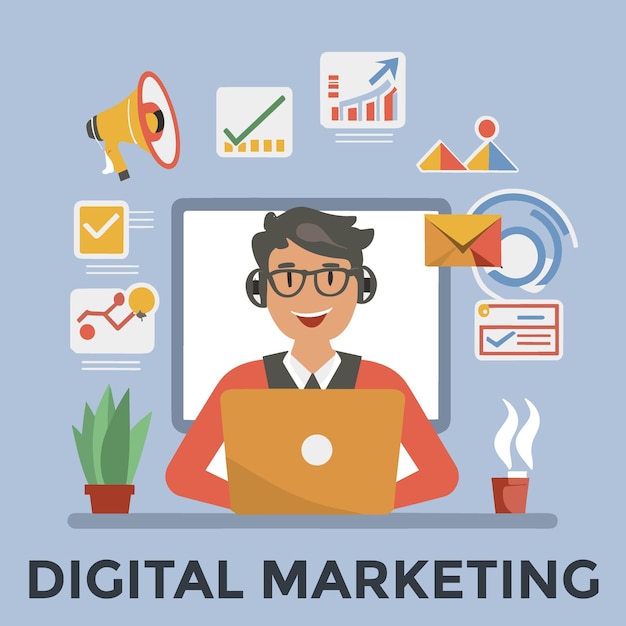 Vector poster of digital marketing with man working vector image digital marketing poster template design