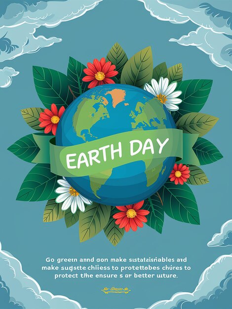 плакат на День Земли с цветами и зеленой лентой вокруг него