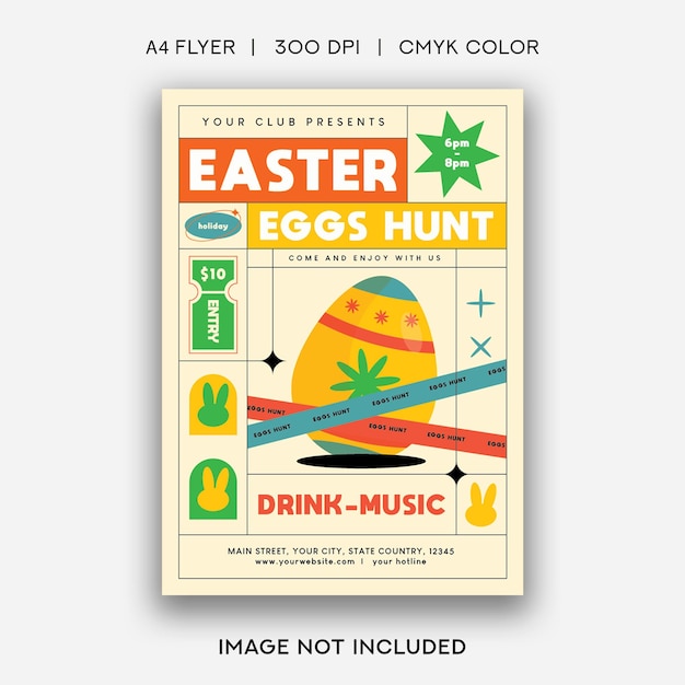 A poster for easter eggs hunt drink music with a picture of a guitar.