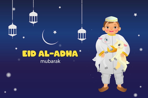 A poster for eid al adha mubarak with a boy holding two lambs