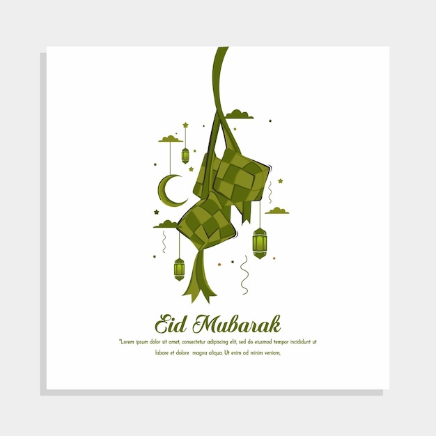 A poster for eid mubarak with green boxes hanging from it.