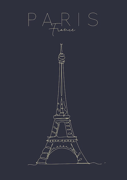 Плакат Эйфелева башня с надписью париж франция рисунок в стиле линии пера на темном фоне