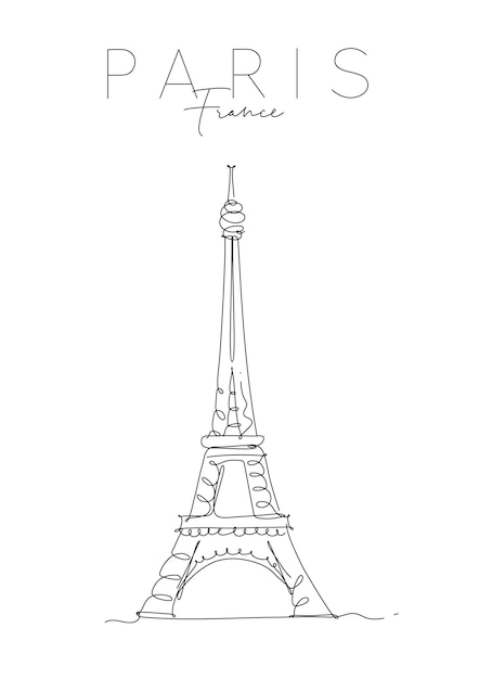 Poster torre eiffel scritte parigi, francia disegno in stile linea penna su sfondo bianco