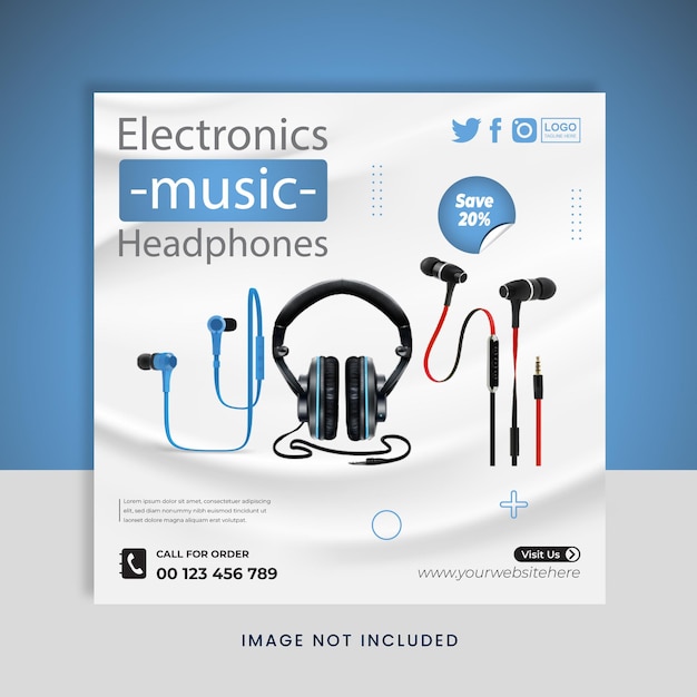 A poster for electronics music headphones that is on a blue background.
