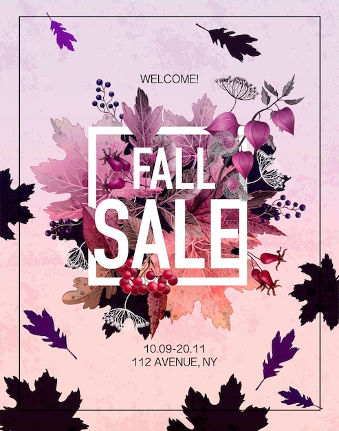 Poster fall sale with leaves and berries Vector