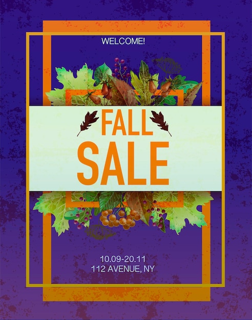 Осенняя распродажа плакатов с листьями и ягодами Вектор