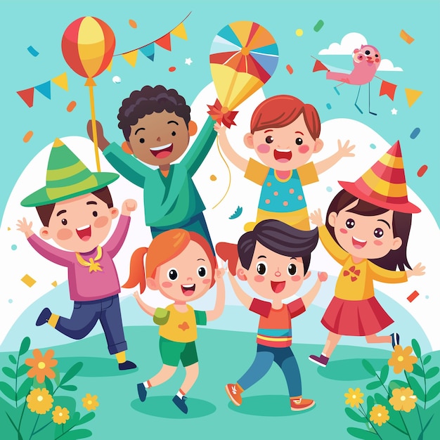 a poster of a family with children and balloons