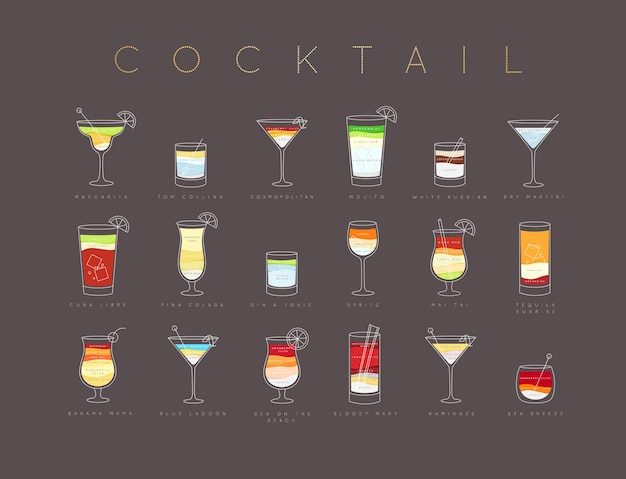 Poster flat cocktails menu with glass recipes and names of cocktails drinks drawing horizontal