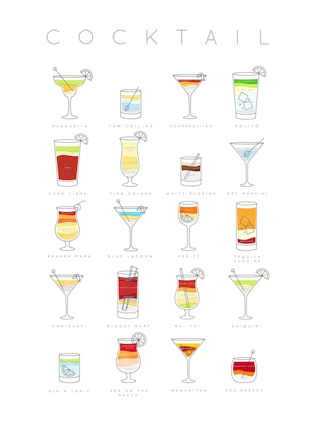 Vector poster flat cocktails menu with glass recipes and names of cocktails drinks drawing on white bg