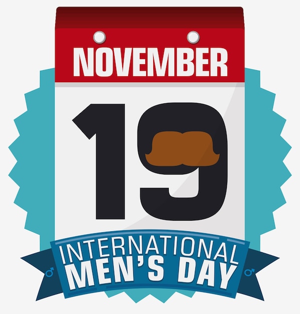 Poster in flat style with calendar with date for International Men's Day with mustache in number 19