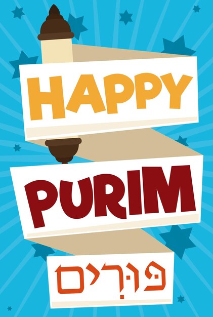 Vector poster in flat style with scroll like a ribbon over a starry background with greeting for purim