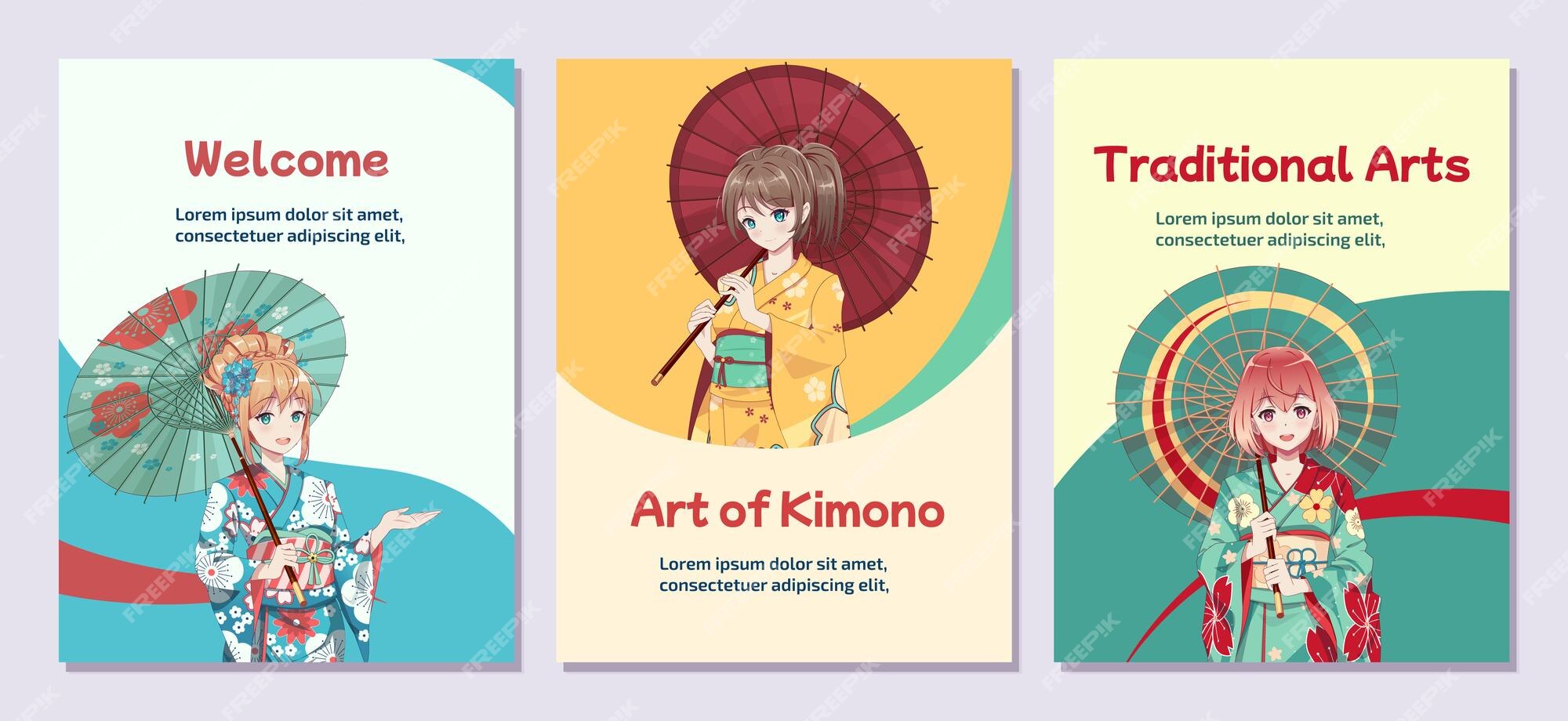 Poster flyer anime manga girls in kimono holding Vector Image