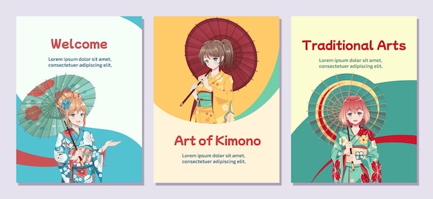 Vector poster flyer anime manga meisjes in kimono met paraplu