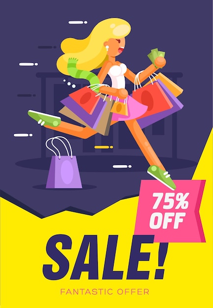 Vector poster or flyer design template with young running to sale woman in white dress. vector illustration