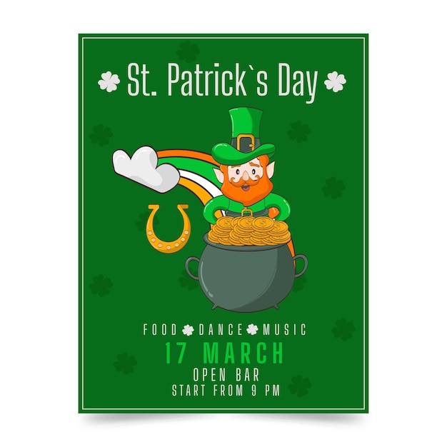 Poster flyer invitation to a St Patrick's Day party Leprechaun pot of gold