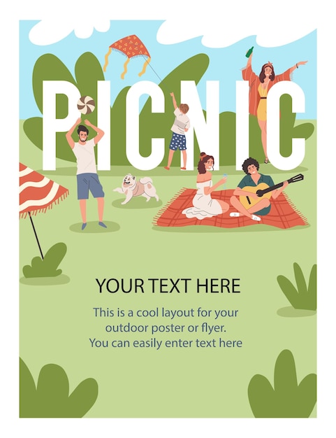 Vector a poster or a flyer for a picnic friends relax in nature play dance have fun the family went to nature in the summerxa