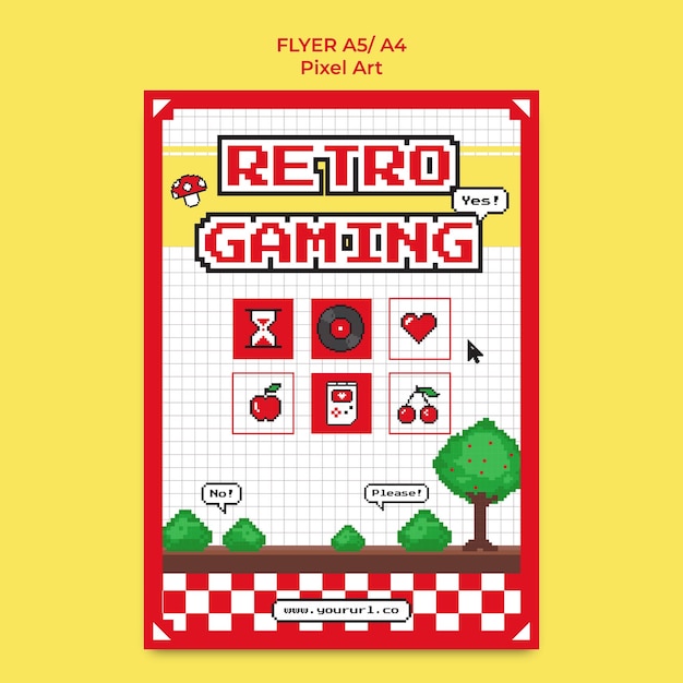 Vettore poster volantino modello pixel art retrò vintage gioco super mario anni '90 8bit illustrazione stile arcade