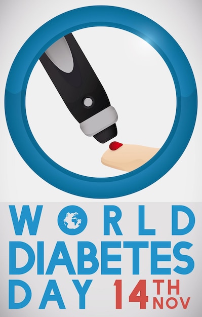 Вектор Плакат ко всемирному дню борьбы с диабетом с поздравительным посланием, датой, синим кругом и ланцетом, колющим палец