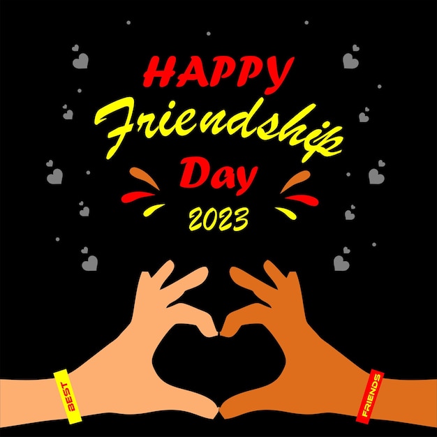 A poster for friendship day with hands making a heart shape.