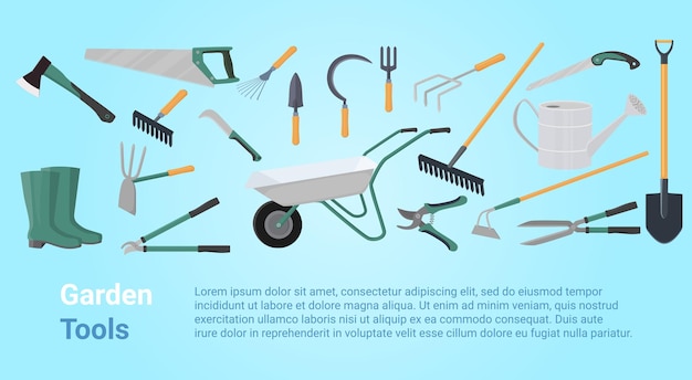 Poster of garden tools on a blue background A set of vector illustrations on the topic of gardening