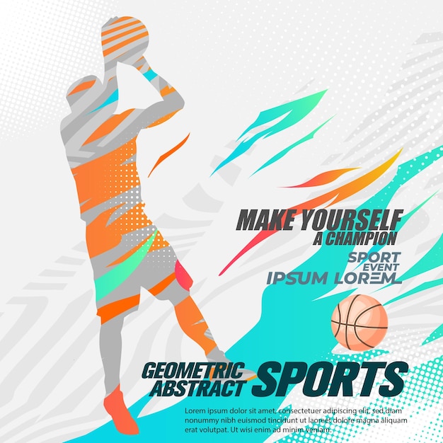 A poster for geometric abstract sports with a man throwing a basketball.