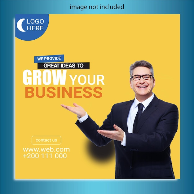 A poster for grow your business with a man in a suit and tie