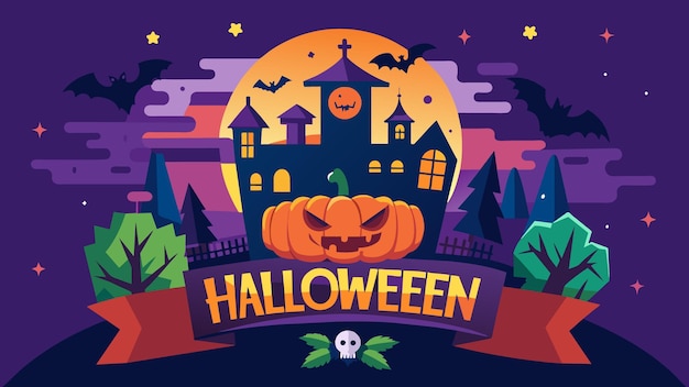 a poster for halloween with a house on the top and a pumpkin on the top