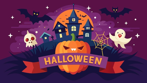a poster for halloween with a pumpkin and a house on the top