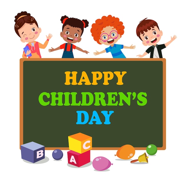 A poster for happy children's day with a chalkboard and a happy children's day sign.