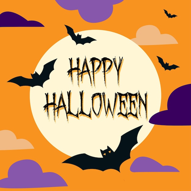 a poster for happy halloween with bats flying in the sky