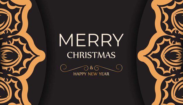 Poster happy new year and merry christmas in black color with winter ornament.