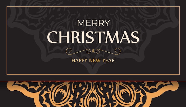 Poster happy new year and merry christmas in black color with winter ornament.