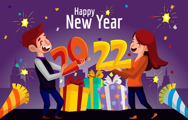 祝新年快樂的海報,一對夫婦在慶祝新年