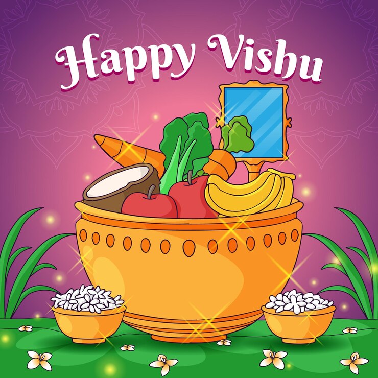 वेक्टर सब्जियों और फलों की टोकरी के साथ हैप्पी विशु के लिए एक पोस्टर।