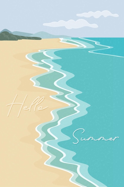 Vector a poster for hello summer by the beach postcard hello summer coast waves