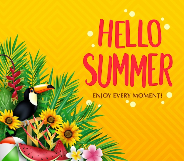 a poster for hello summer with a bird and flowers on it